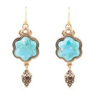 Barse New! Blue Turquoise Flower Golden Drop Earrings
